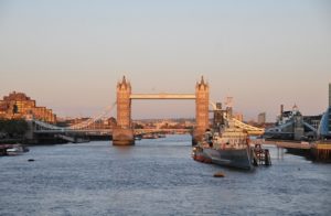 Tower Bridge with the HMS Belfast Docked in the Thames River