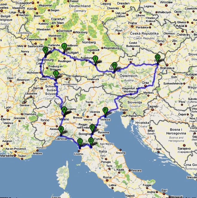 Map of Possible Itinerary for Northern Italy, Austria, Germany and Switzerland